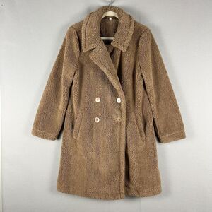 Z Supply Cozy Sherpa Long Pea Coat Womens Medium Tan Double Breasted Teddy Soft